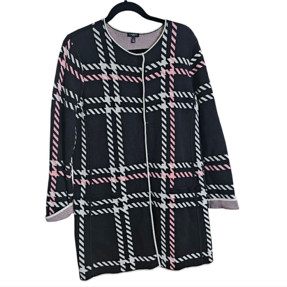 TALBOTS Knit Long Sweater Cardigan Topper‎ Black White & Pink - Large Petite